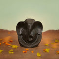 VASTUKOSHA Pyrite Ganesha idol with a metallic finish, displayed on a table with marigold flowers and lit candles.