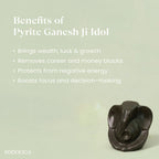 VASTUKOSHA Pyrite Ganesha idol for prosperity and focus, displayed on a soft green background with listed spiritual benefits.