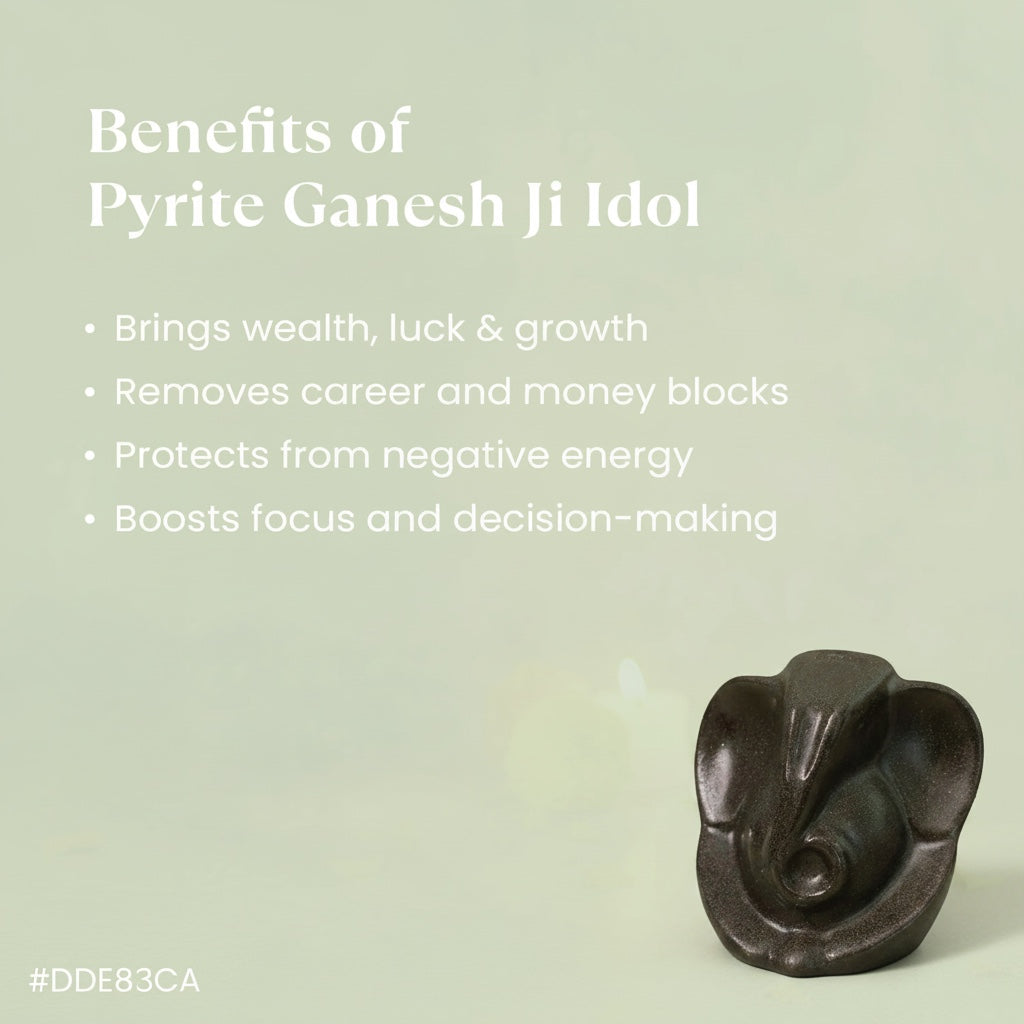 VASTUKOSHA Pyrite Ganesha idol for prosperity and focus, displayed on a soft green background with listed spiritual benefits.