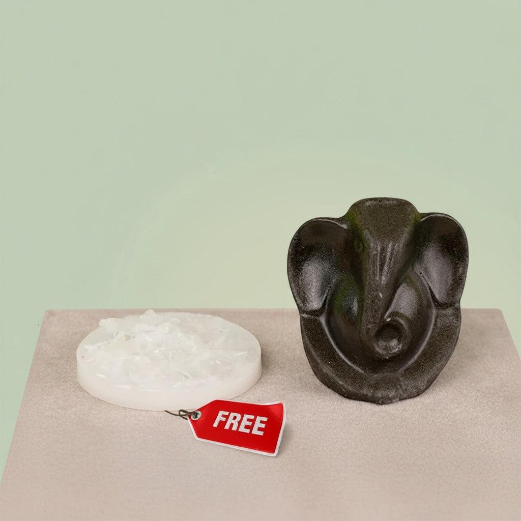 VASTUKOSHA Pyrite Ganesha idol with a raw white Selenite charging plate for spiritual decor and Vastu practices.