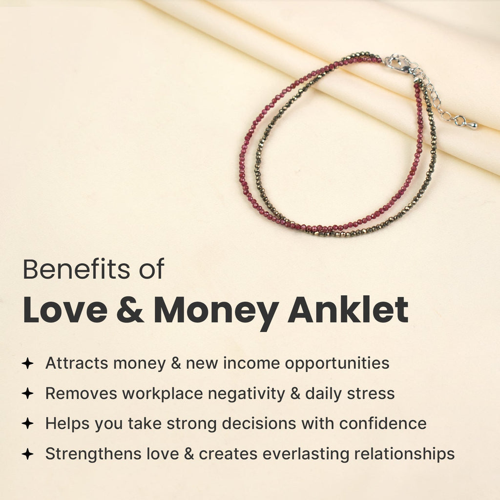 VASTUKOSHA double-layered anklet featuring natural pyrite and garnet beads with an adjustable silver-tone chain.