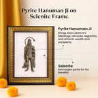 VASTUKOSHA Pyrite Hanuman Ji figurine mounted on a white Selenite frame with an ornate gold border for spiritual decor.