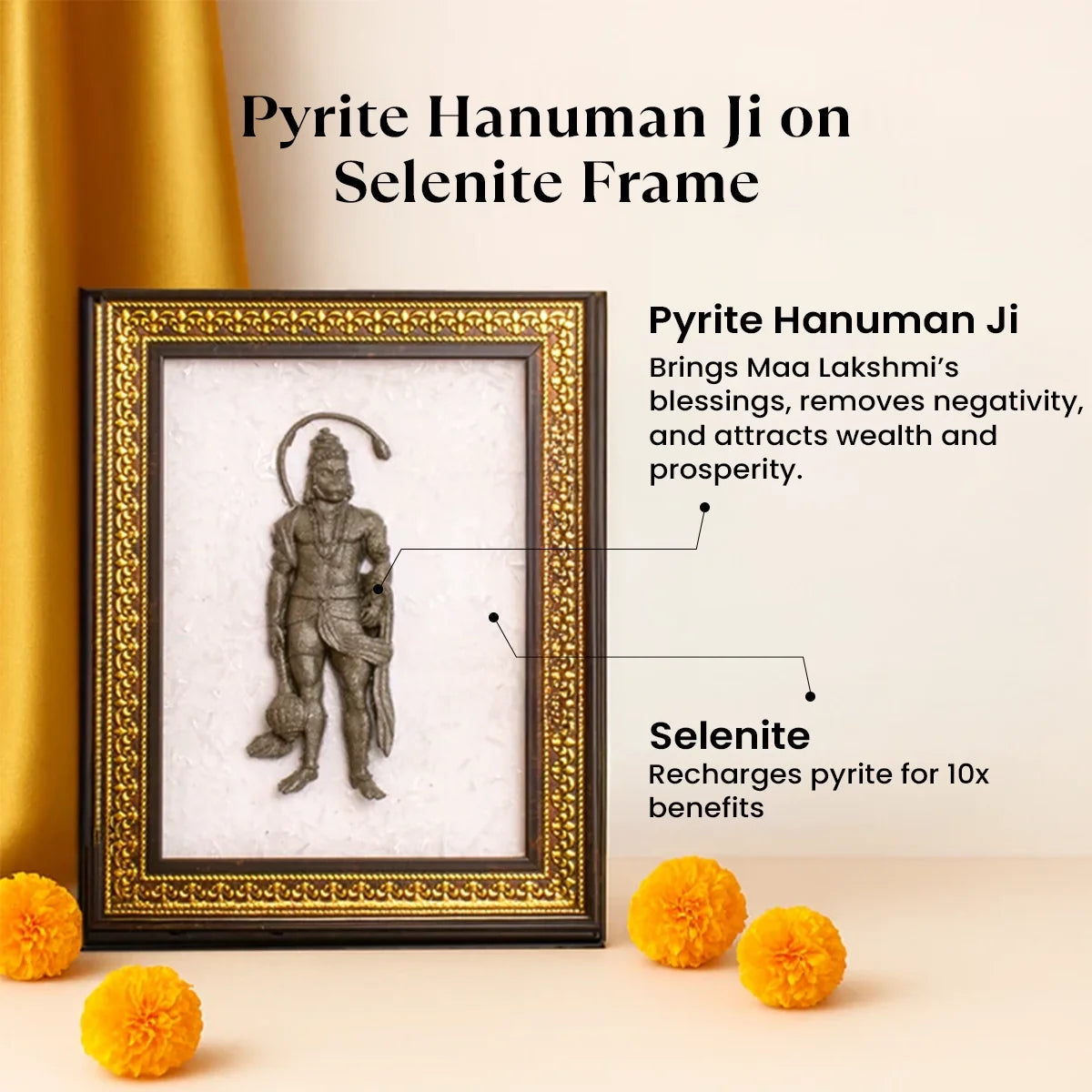VASTUKOSHA Pyrite Hanuman Ji figurine mounted on a white Selenite frame with an ornate gold border for spiritual decor.