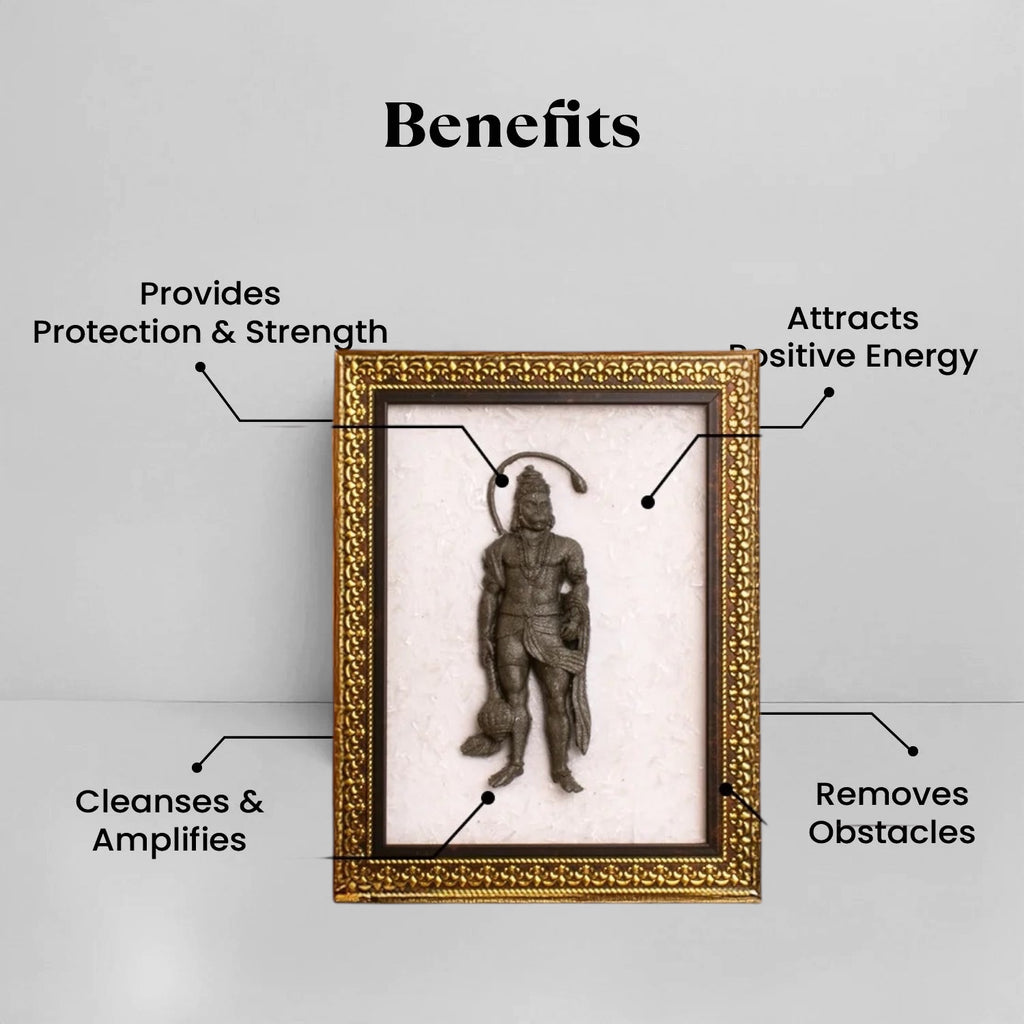 VASTUKOSHA Siddh Pyrite Hanuman Ji idol mounted on a white Selenite frame with spiritual benefits text overlay