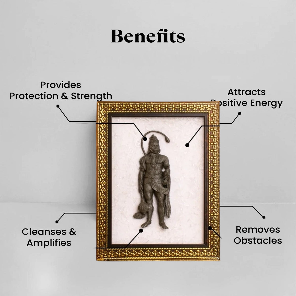 VASTUKOSHA Siddh Pyrite Hanuman Ji idol mounted on a white Selenite frame with spiritual benefits text overlay