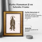 VASTUKOSHA Siddh Pyrite Hanuman Ji idol mounted on a white Selenite frame for spiritual protection and prosperity.