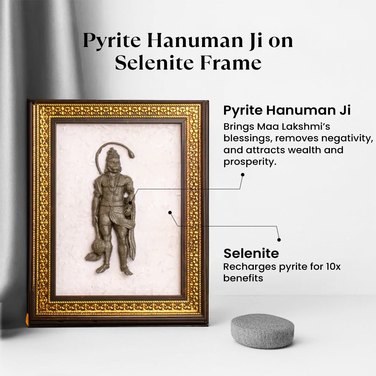 VASTUKOSHA Siddh Pyrite Hanuman Ji idol mounted on a white Selenite frame for spiritual protection and prosperity.