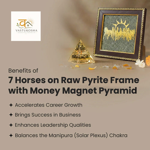 VASTUKOSHA 7 horses on raw pyrite frame and money magnet pyramid set for Vastu décor and prosperity intention setting.