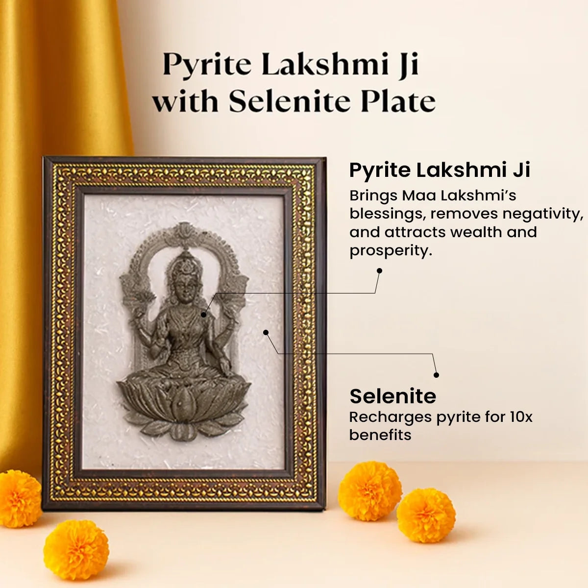 VASTUKOSHA Pyrite Lakshmi Ji idol mounted on a white Selenite plate frame with decorative border for home temple decor.