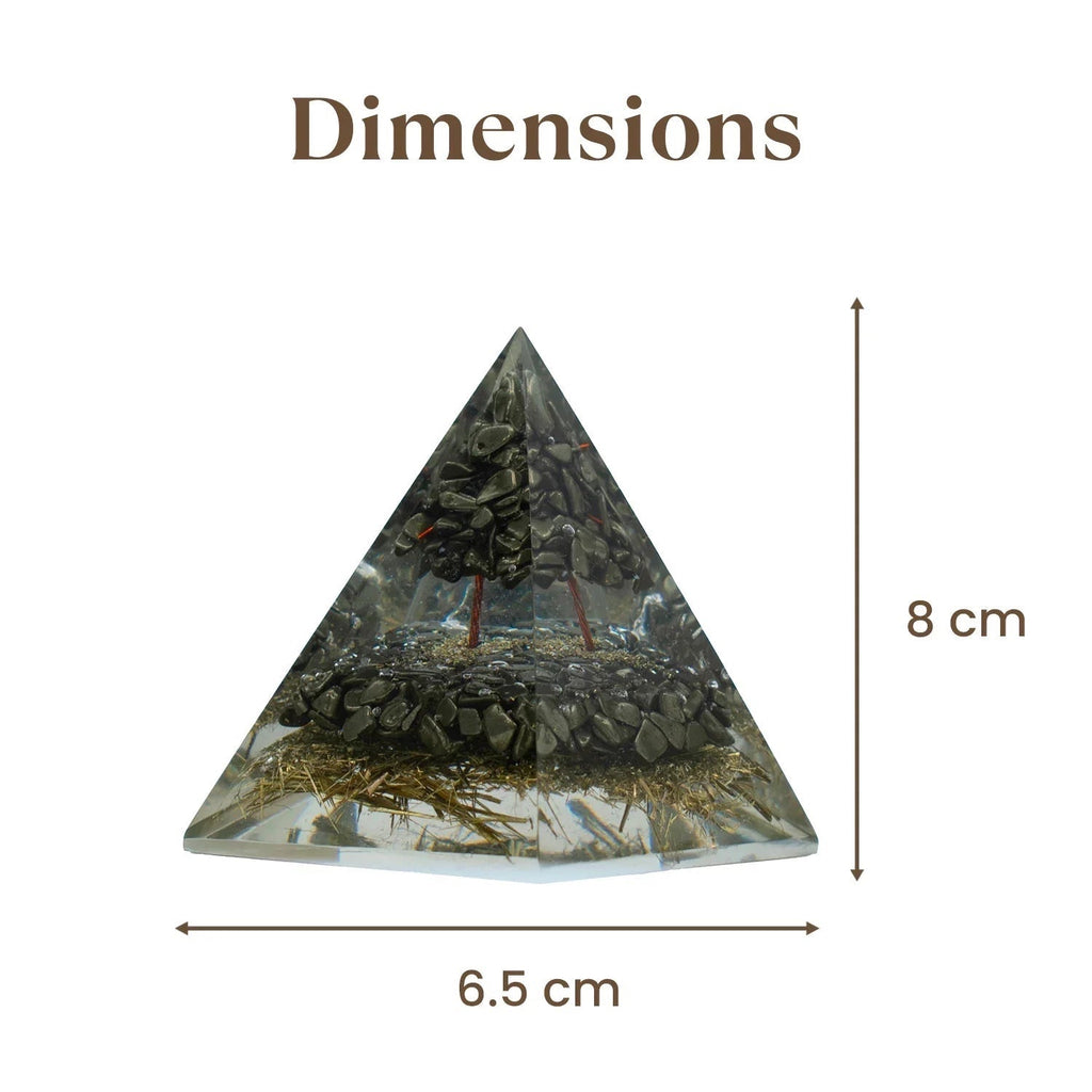 VASTUKOSHA Pyrite orgonite pyramid showing 8cm height and 6.5cm base dimensions for workspace prosperity decor