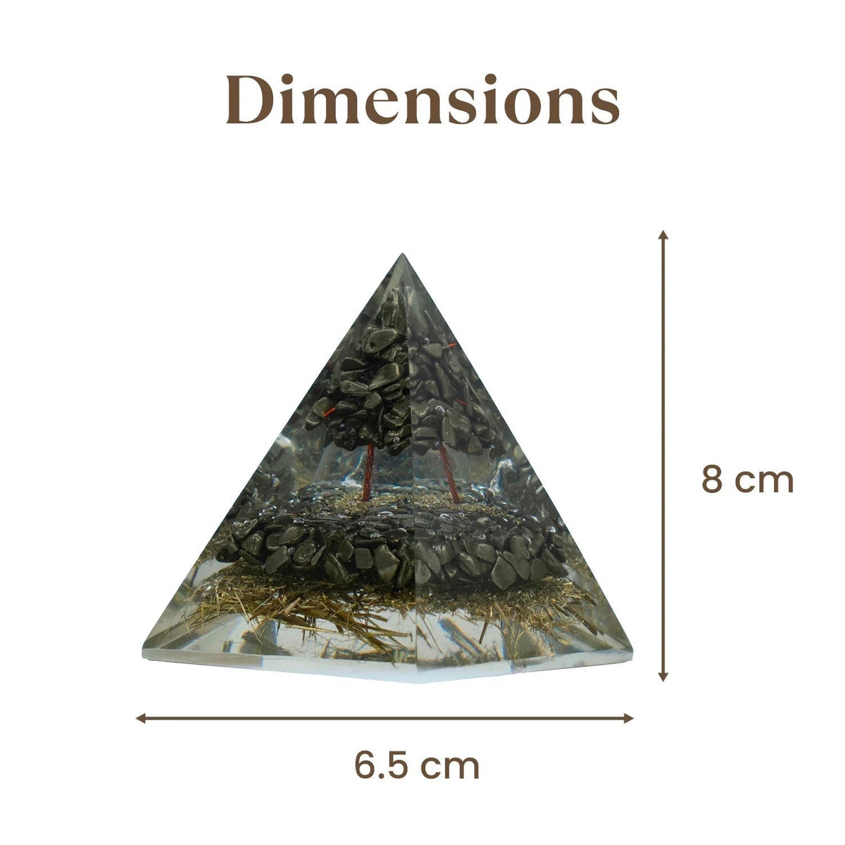VASTUKOSHA Pyrite orgonite pyramid showing 8cm height and 6.5cm base dimensions for workspace prosperity decor
