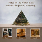 VASTUKOSHA Money Magnet Pyrite Orgonite Pyramid for prosperity, displayed on a desk, home, and mandir for Vastu harmony.