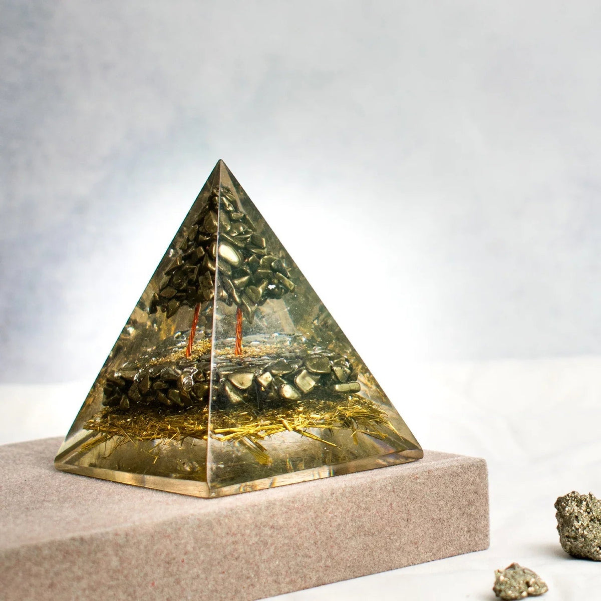 VASTUKOSHA Money Magnet Pyrite orgonite pyramid with metallic crystal tree design for workspace prosperity décor.