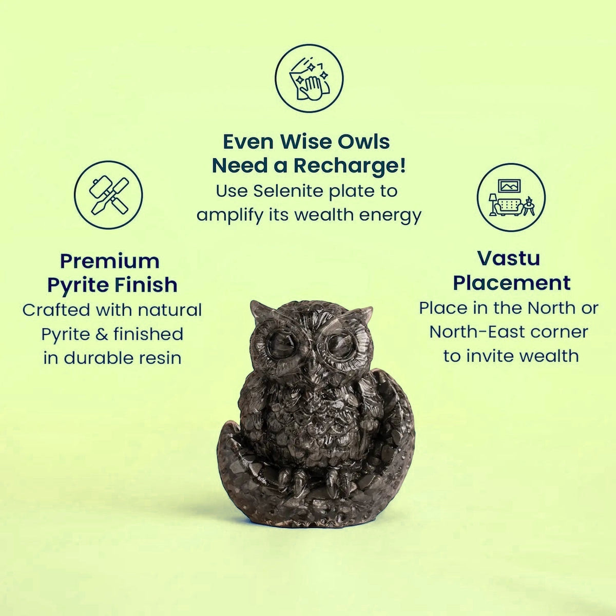 VASTUKOSHA Rishikesh Siddh Pyrite Owl figurine in dark resin with natural pyrite finish for wealth and Vastu energy