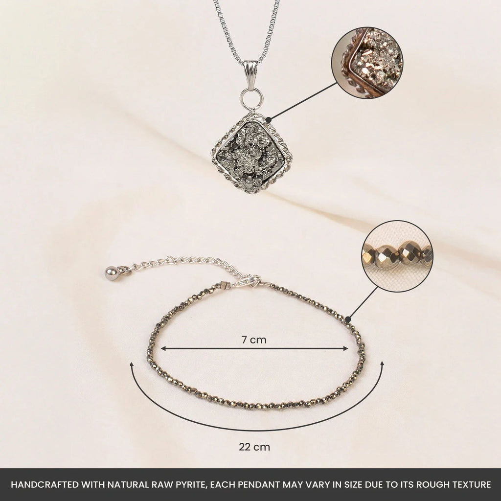 VASTUKOSHA Princess Combo featuring a capped raw pyrite pendant and a delicate faceted pyrite crystal anklet.