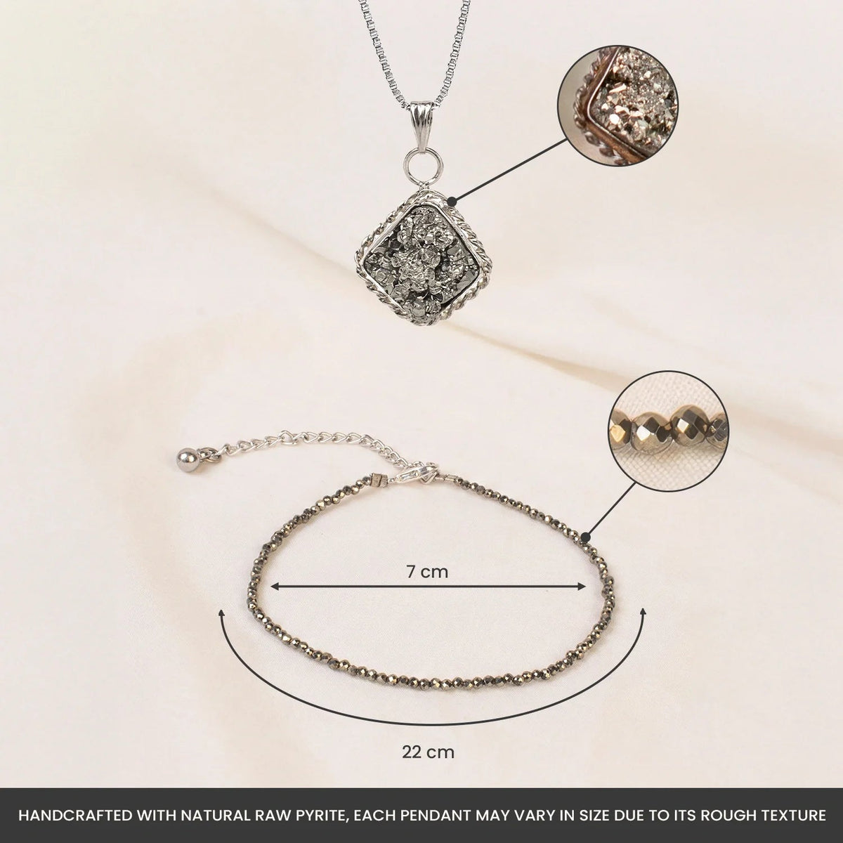 VASTUKOSHA Princess Combo featuring a capped raw pyrite pendant and a delicate faceted pyrite crystal anklet.