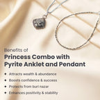 VASTUKOSHA Princess Combo featuring a raw capped pyrite pendant and a delicate pyrite beaded anklet on silk fabric.