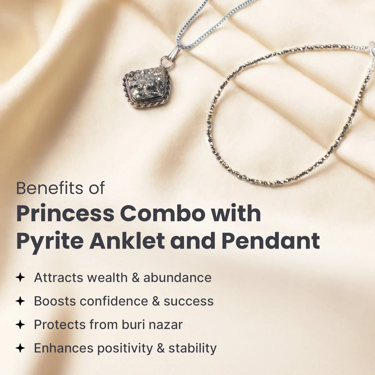 VASTUKOSHA Princess Combo featuring a raw capped pyrite pendant and a delicate pyrite beaded anklet on silk fabric.