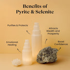 VASTUKOSHA display featuring raw pyrite and white selenite towers on a beige background with spiritual benefit labels