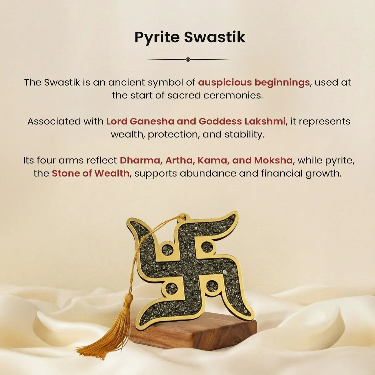 VASTUKOSHA Pyrite Swastik decorative symbol with gold-tone finish and natural pyrite chips for Vastu home decor