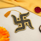 VASTUKOSHA Pyrite Swastik wall hanging with gold-tone finish and natural crystal chips for Vastu home decor.