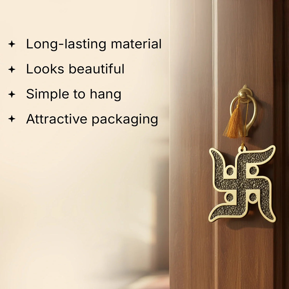 VASTUKOSHA Pyrite Swastik wall hanging with gold-tone finish and natural crystal chips for home Vastu decor.