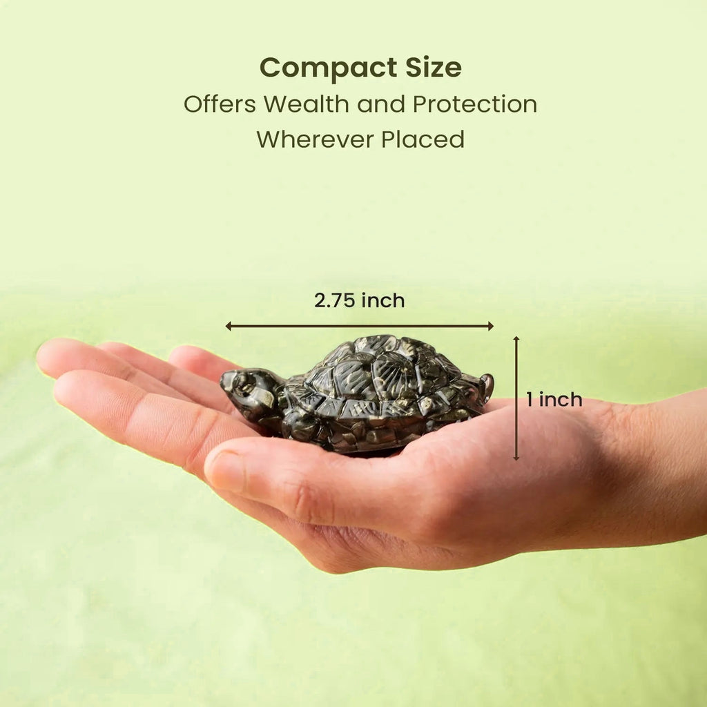 VASTUKOSHA Rishikesh Siddh Pyrite Tortoise held in hand, showing compact 2.75 inch size for wealth and protection.