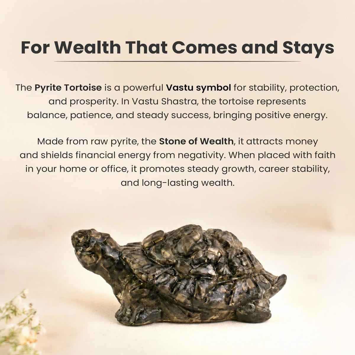 VASTUKOSHA Pyrite tortoise figurine with metallic luster, symbolizing Vastu prosperity and stability for home decor.