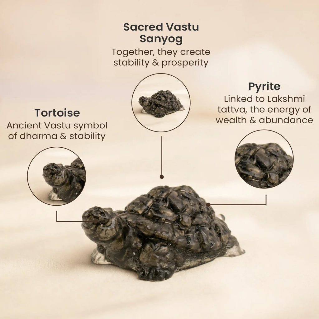 VASTUKOSHA Pyrite tortoise figurine representing stability and prosperity with detailed metallic crystal texture.
