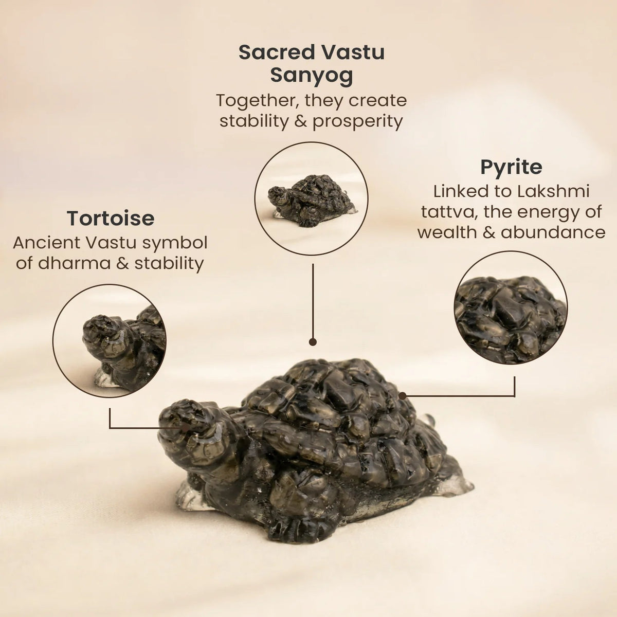 VASTUKOSHA Pyrite tortoise figurine representing stability and prosperity with detailed metallic crystal texture.