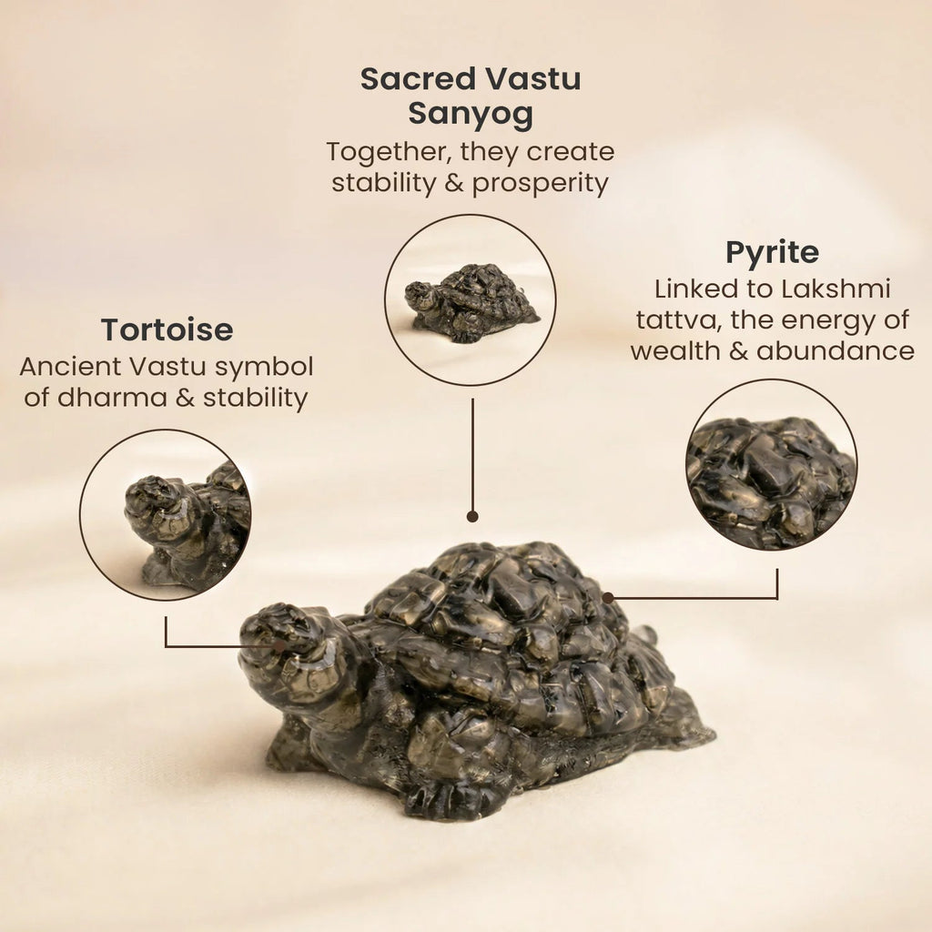 VASTUKOSHA Pyrite tortoise figurine showing metallic luster and textured shell, symbolizing Vastu stability and prosperity.