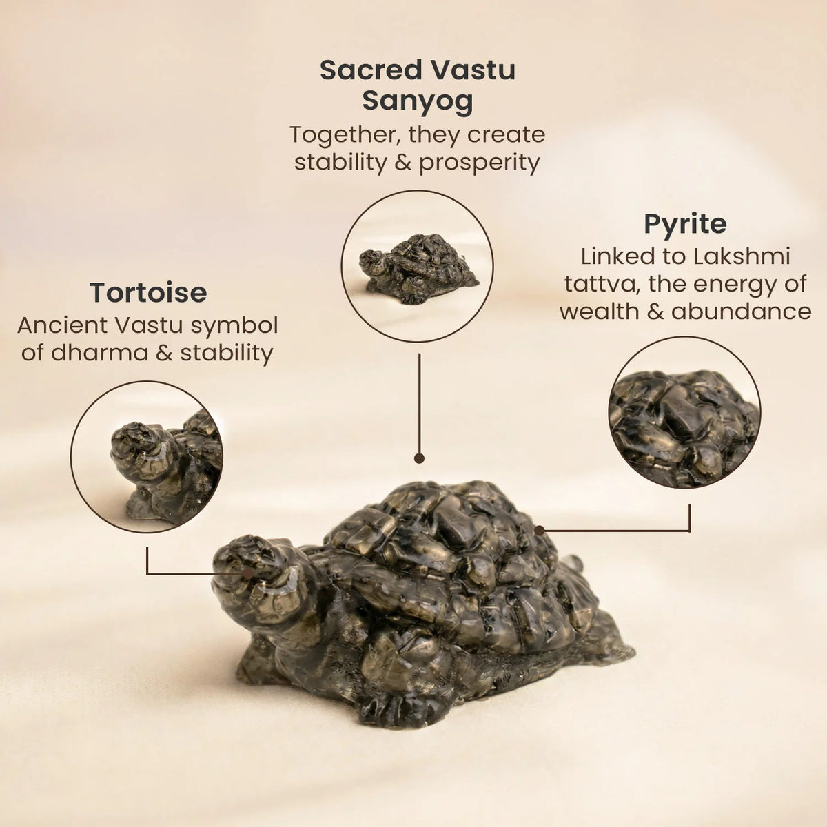 VASTUKOSHA Pyrite tortoise figurine showing metallic luster and textured shell, symbolizing Vastu stability and prosperity.