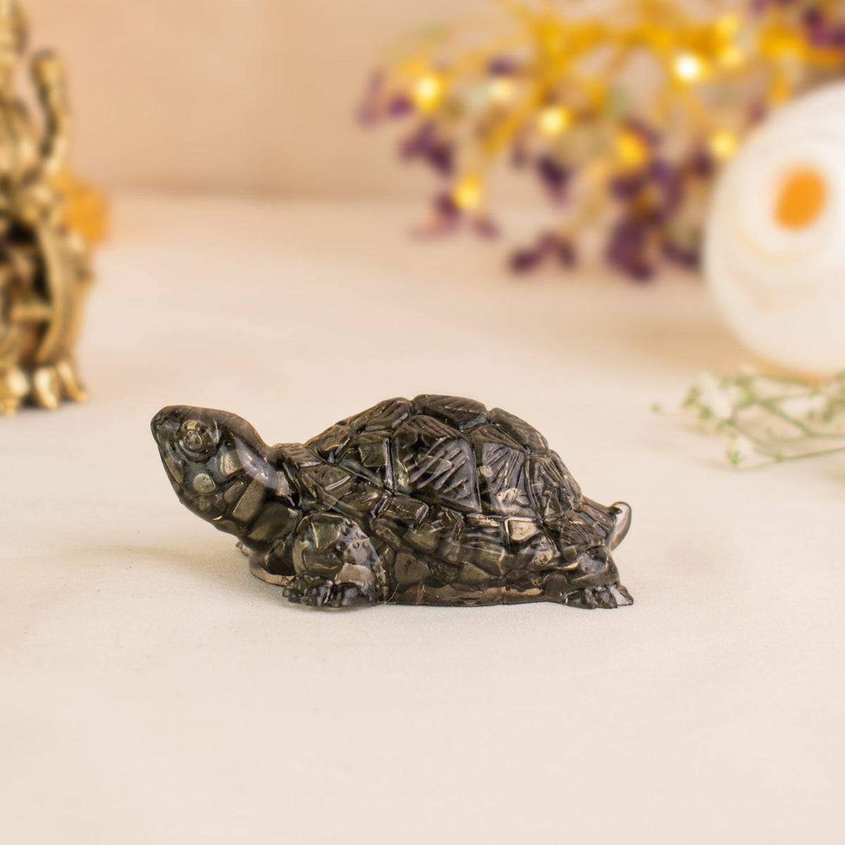 VASTUKOSHA natural pyrite tortoise figurine for Vastu, featuring metallic luster and detailed shell carving.