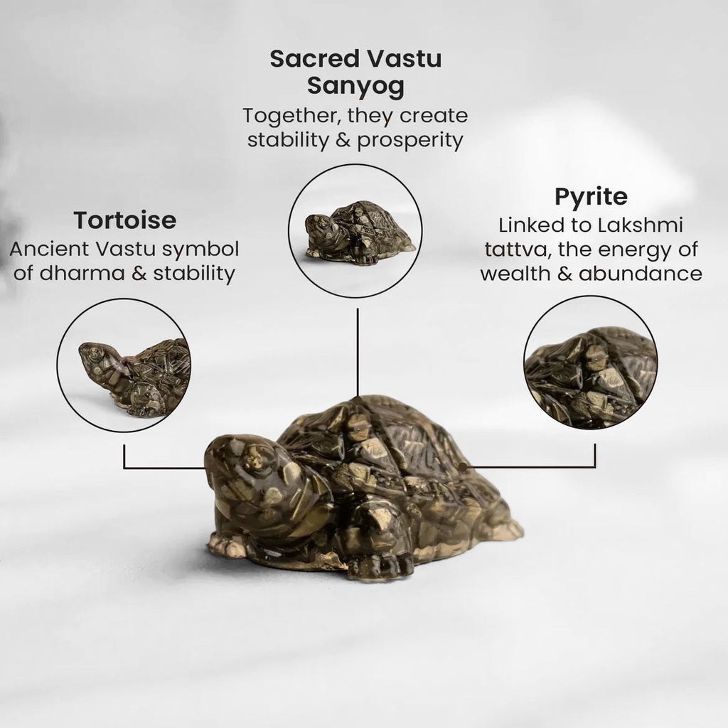 VASTUKOSHA Maha Ashtlakshmi Siddh Pyrite Tortoise figurine, a Vastu symbol for wealth, stability, and prosperity.