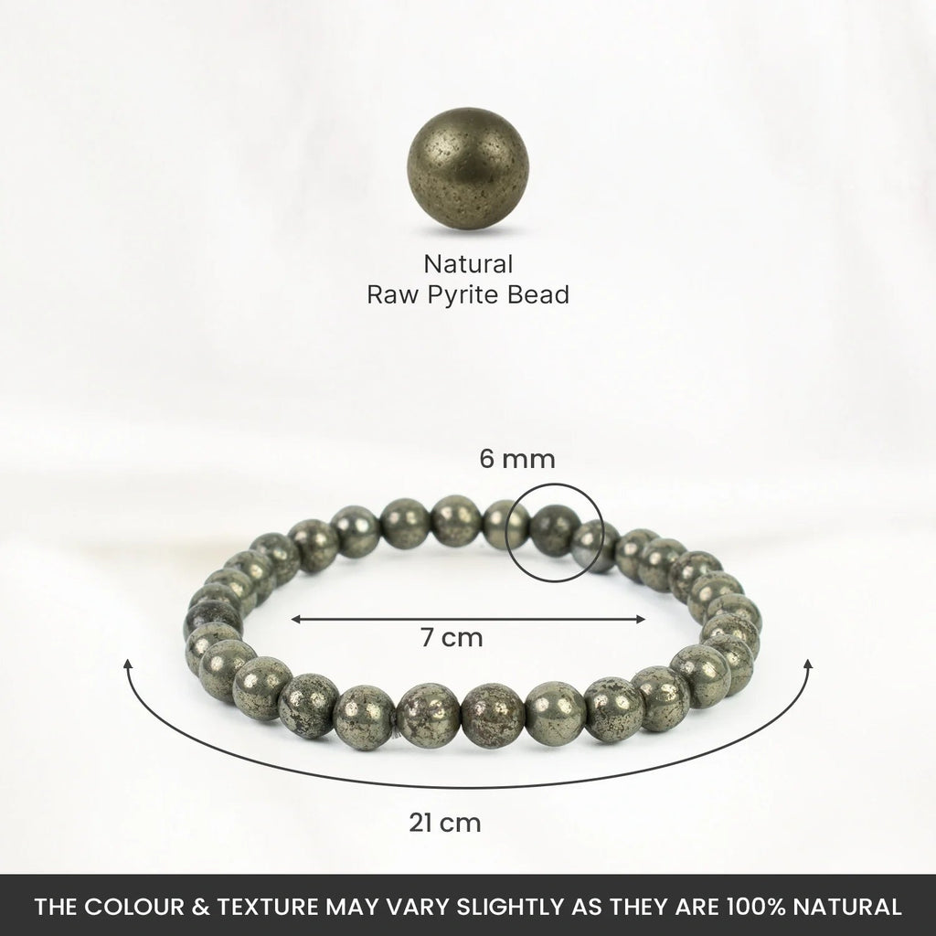 VASTUKOSHA raw pyrite bead bracelet for women with 6mm natural metallic stones, shown with size measurements.