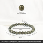 VASTUKOSHA raw pyrite bead bracelet for women with 6mm natural metallic stones, shown with size measurements.
