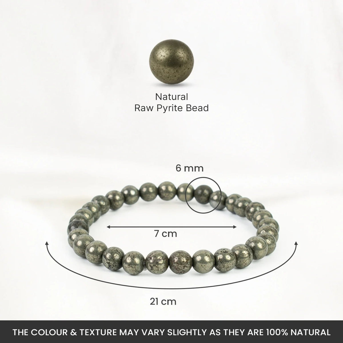VASTUKOSHA raw pyrite bead bracelet for women with 6mm natural metallic stones, shown with size measurements.