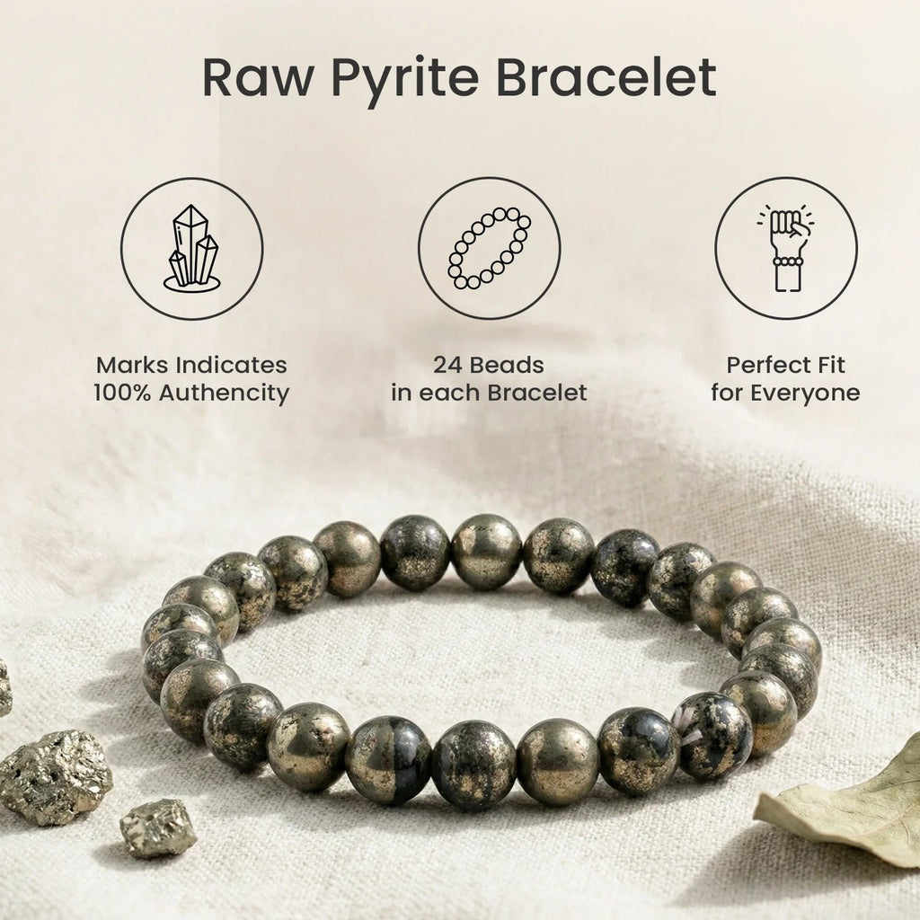 VASTUKOSHA raw pyrite beaded bracelet with 24 natural metallic stones on a textured fabric background