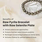 VASTUKOSHA raw pyrite bead bracelet resting on a white selenite charging plate on a soft fabric background