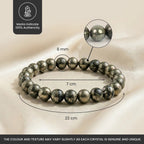 VASTUKOSHA raw pyrite crystal bead bracelet with 8mm metallic gold beads, showing size dimensions and authenticity
