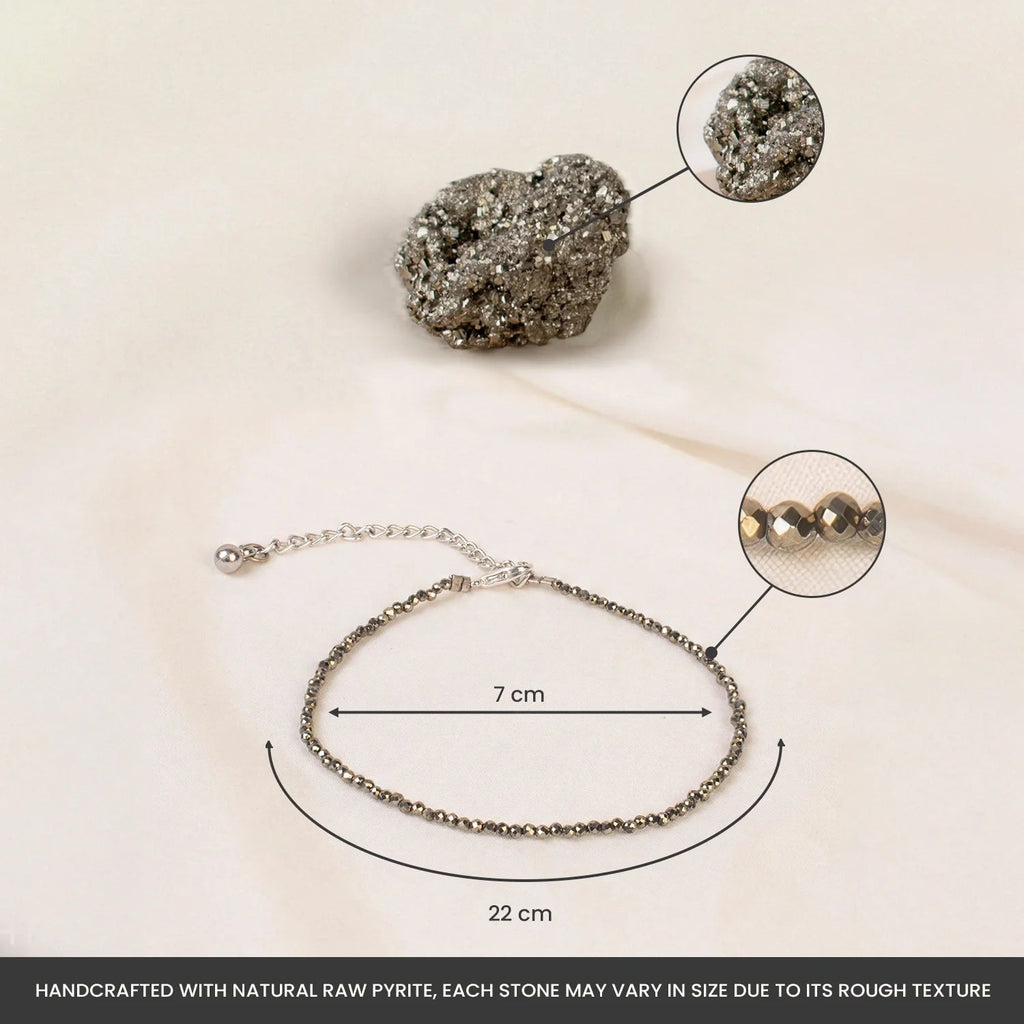 VASTUKOSHA Mahalaxmi combo featuring a raw metallic pyrite stone and a delicate faceted pyrite crystal bead anklet.