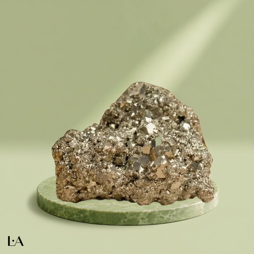 VASTUKOSHA raw pyrite stone with metallic luster on a green circular pedestal, symbolizing prosperity and abundance.