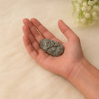 VASTUKOSHA raw pyrite stone with metallic luster held in a palm for prosperity-oriented spiritual practice