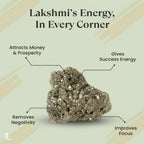 VASTUKOSHA raw pyrite stone with metallic luster, labeled with spiritual benefits for prosperity and focus.
