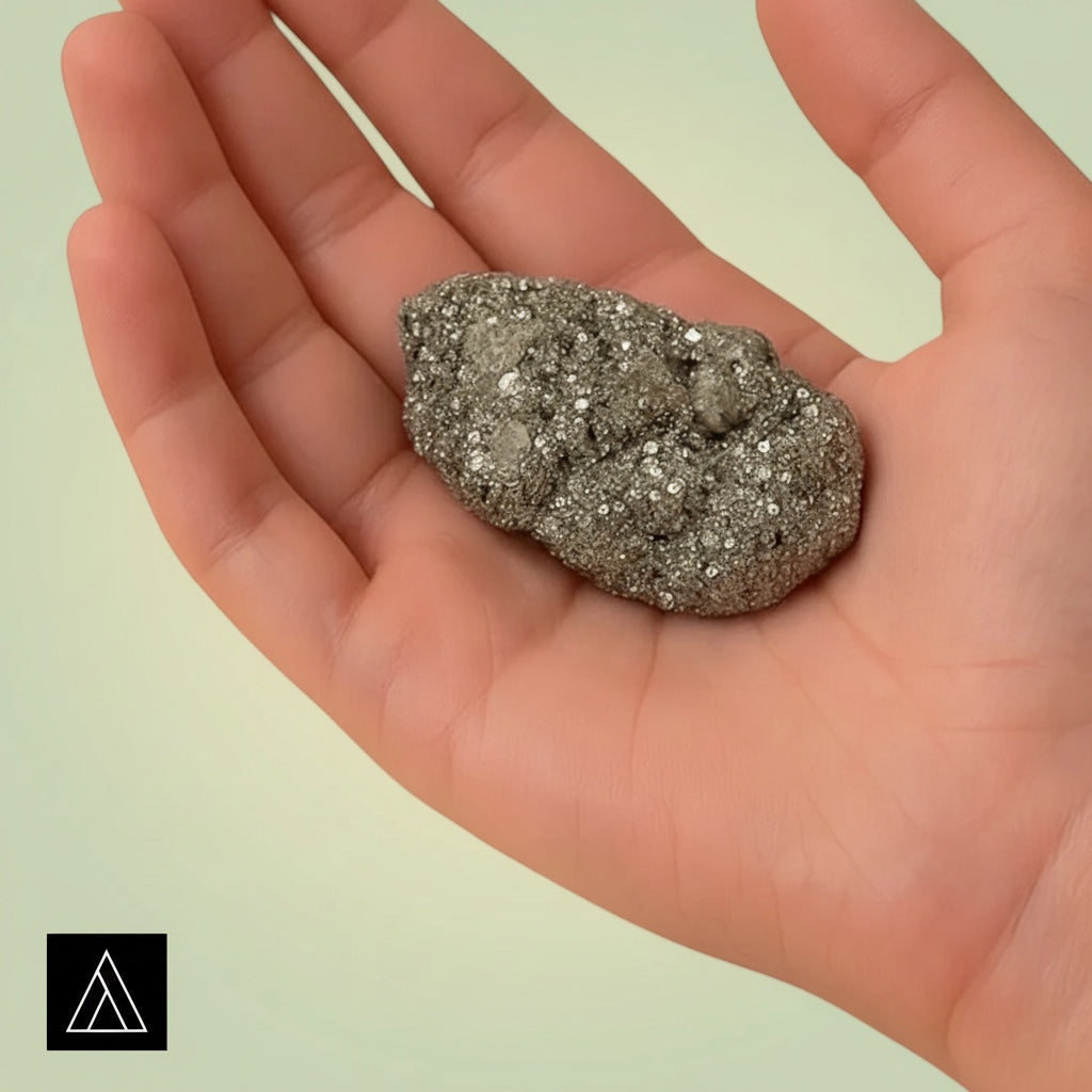 VASTUKOSHA raw pyrite stone with metallic luster held in a palm, symbolizing prosperity and grounding.