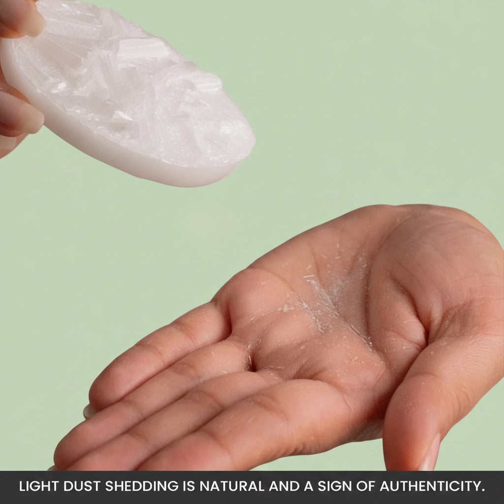 VASTUKOSHA raw selenite charging plate showing natural mineral dust shedding on a hand for authenticity