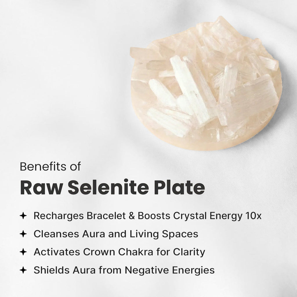 VASTUKOSHA raw selenite plate for crystal cleansing and energy recharging on a white fabric background