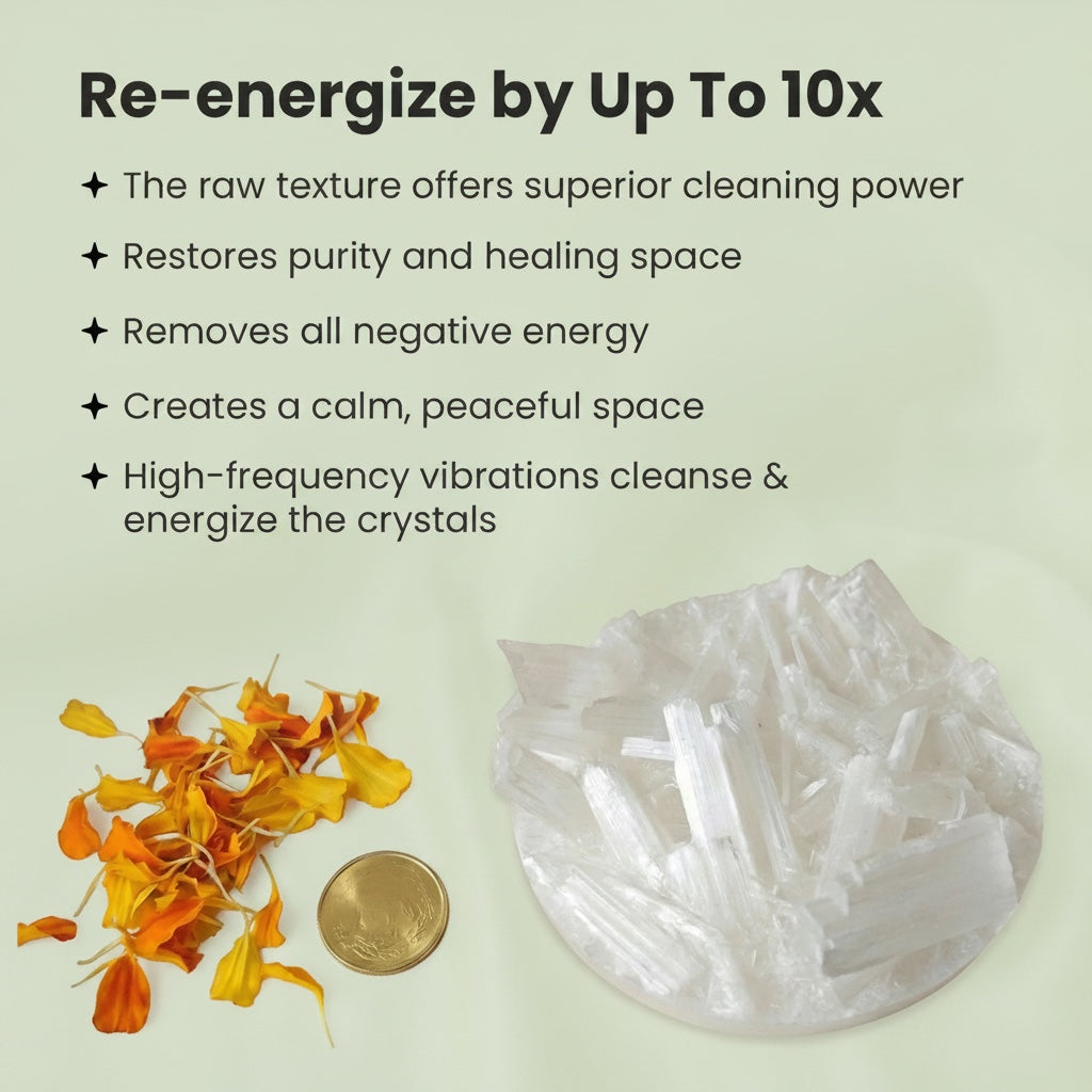 VASTUKOSHA raw selenite plate for crystal cleansing with orange flower petals and a gold coin on a light background