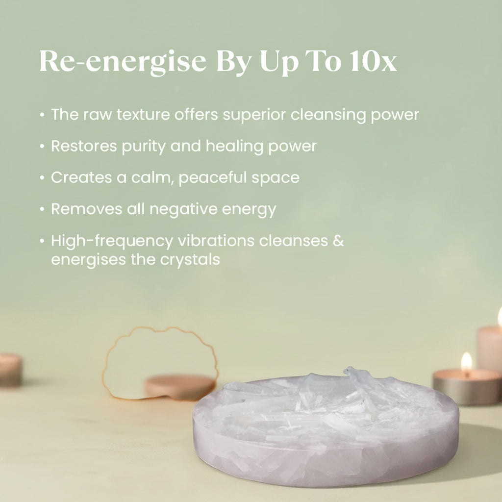 VASTUKOSHA raw Moroccan selenite crystal plate for cleansing gemstones and meditation in a peaceful setting