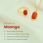 VASTUKOSHA natural red Moonga ring and pendant set in gold-tone metal on a soft cream background